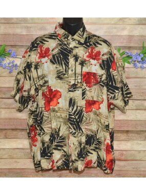VTG 90s Natural Issue XXL Red Floral Hibiscus Hawaiian Beach Camp Shirt Beach